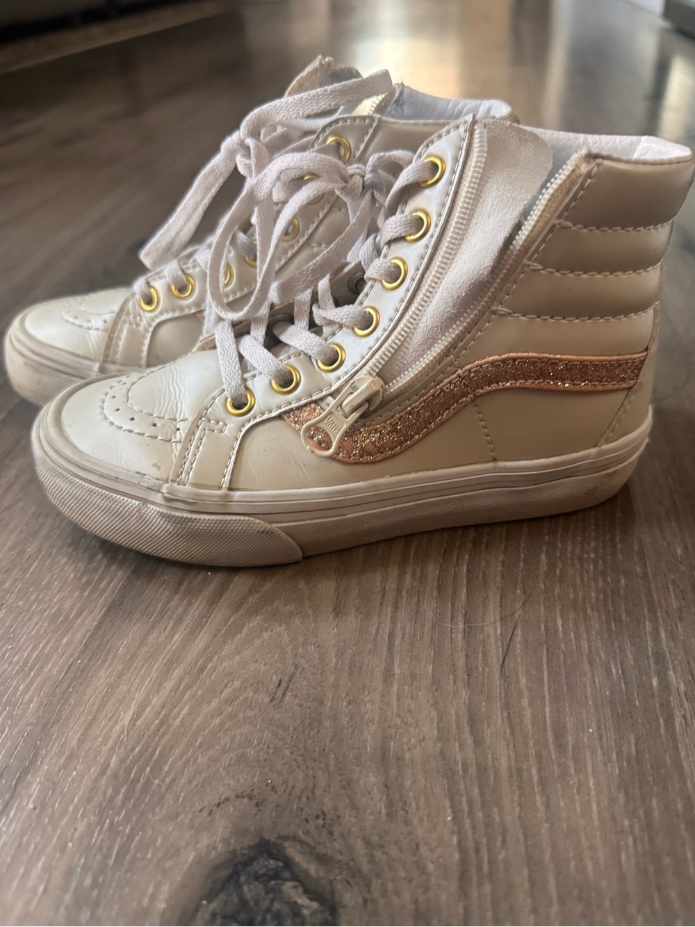 Vans Kids High-Top Sneakers in Cream with Gold Stripe